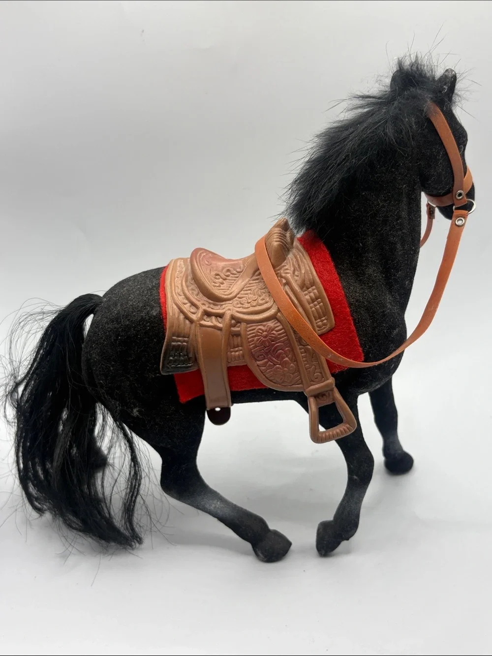 Vintage Flocked Black Stallion Horse Saddle Western Equestrian Figure Model Toy